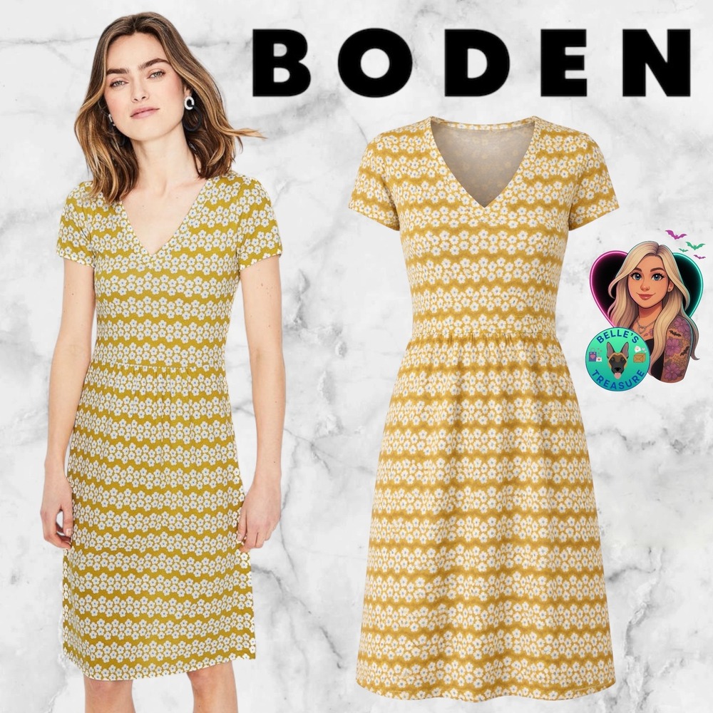 Boden Womens 12 Penelope Jersey Dress Yellow Floral Daisy V-Neck Comfort Stretch
